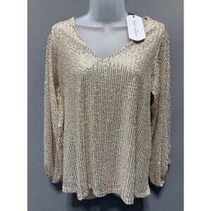 Vine & Love Oversized Balloon Sleeve Gold Sequin V Neck Top Size Small NEW!!